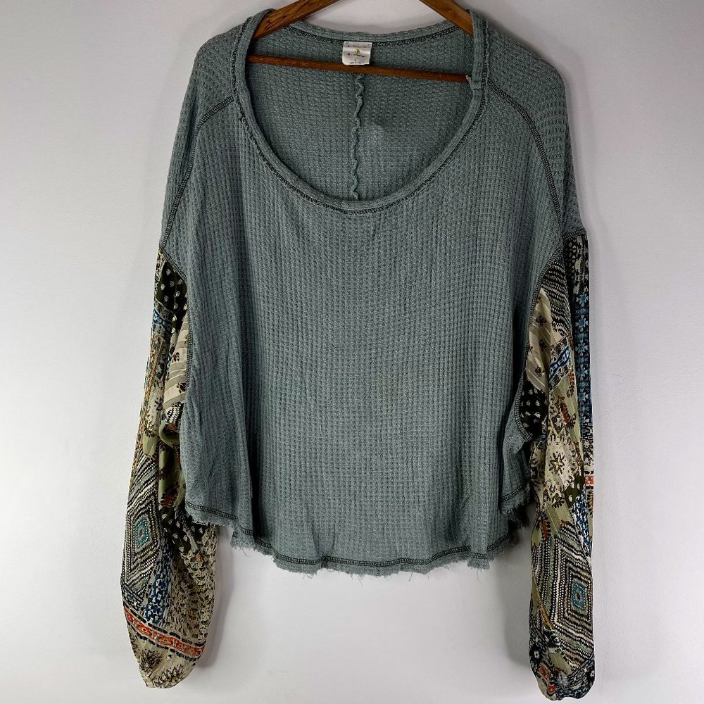BY TOGETHER Women Boho Green Waffle Knit Floral Dolman Sleeve Cropped Top Size L